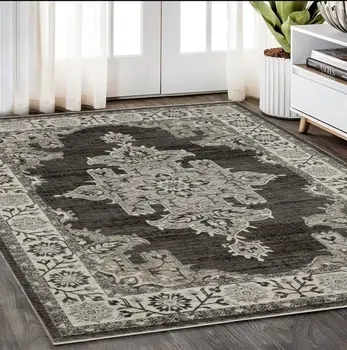 5' X 8' Gray And Beige Medallion Area Rug With Fringe