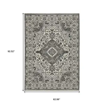 5' X 8' Gray And Ivory Medallion Area Rug With Fringe
