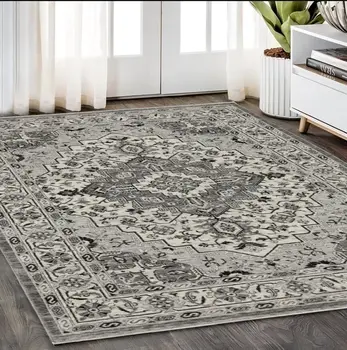 5' X 8' Gray And Ivory Medallion Area Rug With Fringe