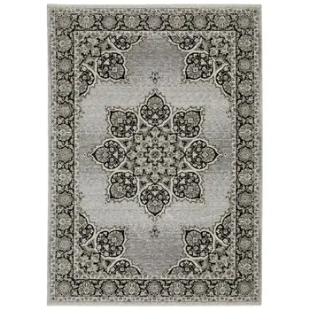 5' X 8' Gray And Black Medallion Area Rug With Fringe