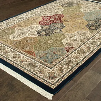 5' X 8' Navy Blue Black And White Oriental Area Rug With Fringe