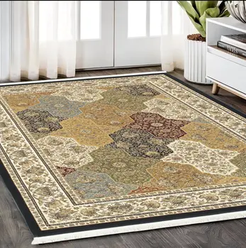5' X 8' Navy Blue Black And White Oriental Area Rug With Fringe