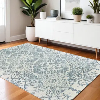 4' X 6' Blue And Ivory Wool Geometric Hand Tufted Area Rug