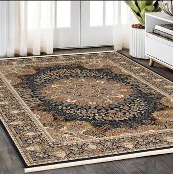 5' X 8' Navy Blue Tan And Black Medallion Area Rug With Fringe