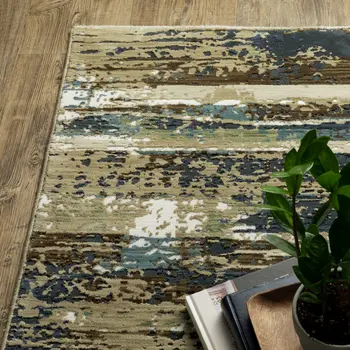 7' X 10' Beige And Blue Abstract Area Rug