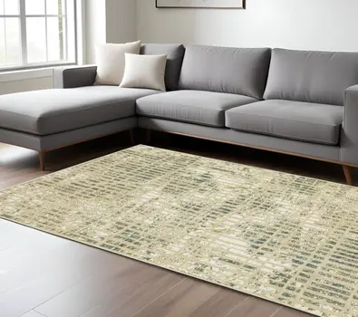 7' X 10' Beige And Blue Geometric Area Rug