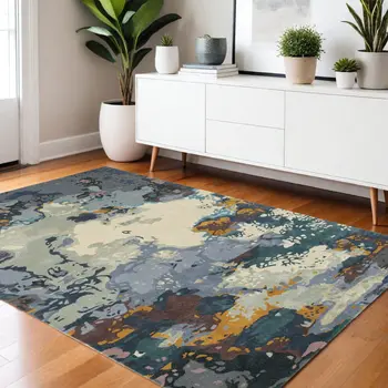 4' X 6' Blue And Gray Abstract Hand Tufted Area Rug