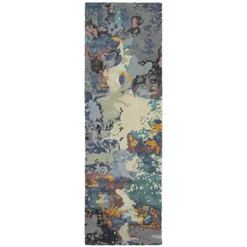 8' Blue And Gray Abstract Hand Tufted Runner Rug