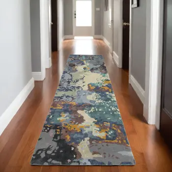 8' Blue And Gray Abstract Hand Tufted Runner Rug