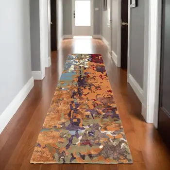 8' Orange Ivory And Teal Abstract Hand Tufted Runner Rug