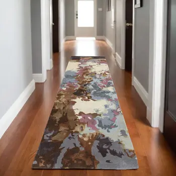 8' Blue And Brown Abstract Hand Tufted Runner Rug