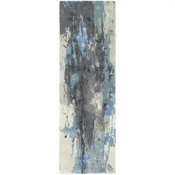 8' Blue And Gray Abstract Hand Tufted Runner Rug