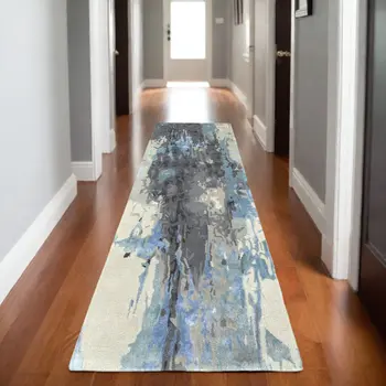 8' Blue And Gray Abstract Hand Tufted Runner Rug