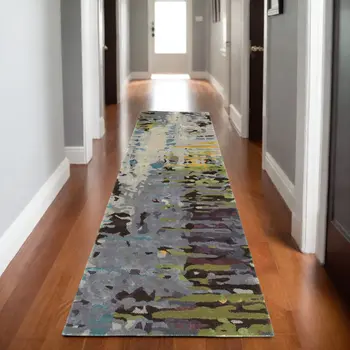 8' Gray Yellow And Black Abstract Hand Tufted Runner Rug