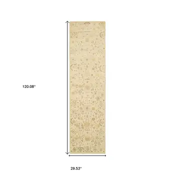 10' Beige And Gray Wool Oriental Hand Knotted Runner Rug