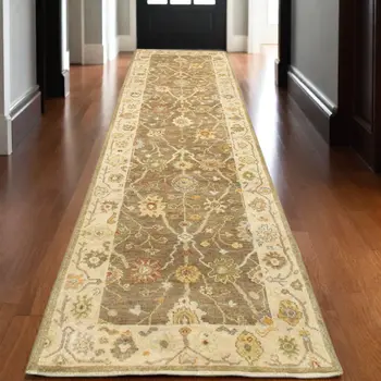 10' Brown And Beige Wool Oriental Hand Knotted Runner Rug