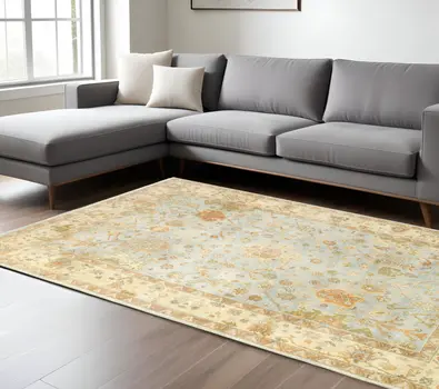 6' X 9' Blue And Sand Wool Oriental Hand Knotted Area Rug