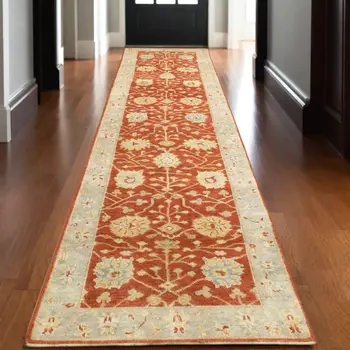 10' Red And Gray Wool Oriental Hand Knotted Runner Rug