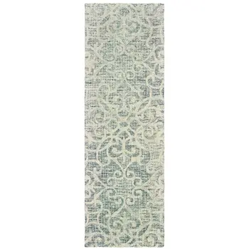 8' Gray And Ivory Wool Geometric Hand Tufted Runner Rug