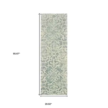8' Gray And Ivory Wool Geometric Hand Tufted Runner Rug