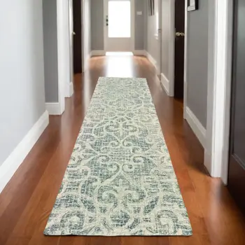 8' Gray And Ivory Wool Geometric Hand Tufted Runner Rug
