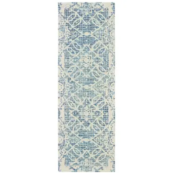 8' Blue And Ivory Wool Geometric Hand Tufted Runner Rug