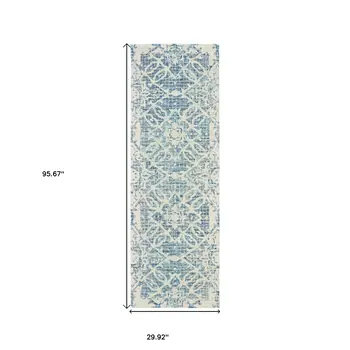 8' Blue And Ivory Wool Geometric Hand Tufted Runner Rug