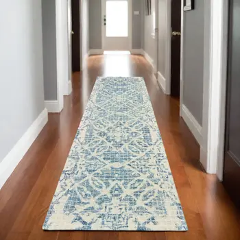 8' Blue And Ivory Wool Geometric Hand Tufted Runner Rug