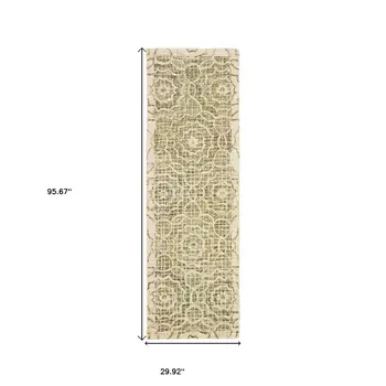8' Green And Ivory Wool Geometric Hand Tufted Runner Rug