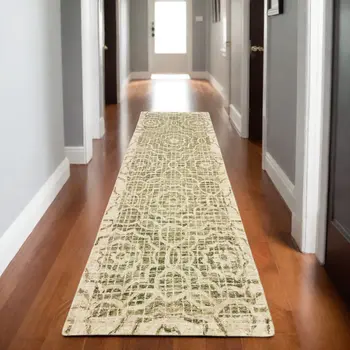 8' Green And Ivory Wool Geometric Hand Tufted Runner Rug