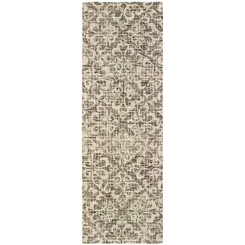 8' Brown And Ivory Wool Floral Hand Tufted Runner Rug