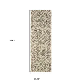 8' Brown And Ivory Wool Floral Hand Tufted Runner Rug