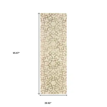 8' Tan And Ivory Wool Geometric Hand Tufted Runner Rug