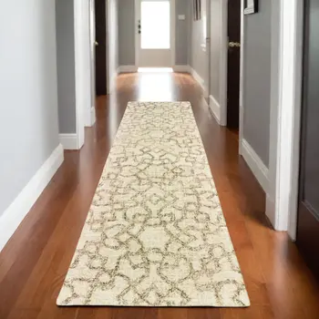 8' Tan And Ivory Wool Geometric Hand Tufted Runner Rug