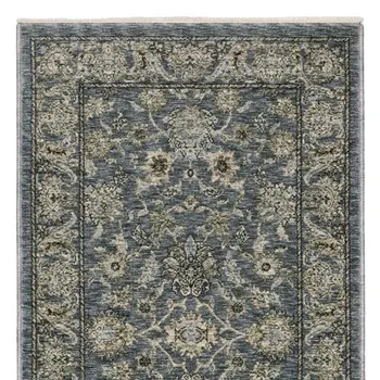 8' Blue And Beige Oriental Runner Rug With Fringe