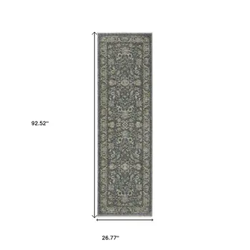 8' Blue And Beige Oriental Runner Rug With Fringe