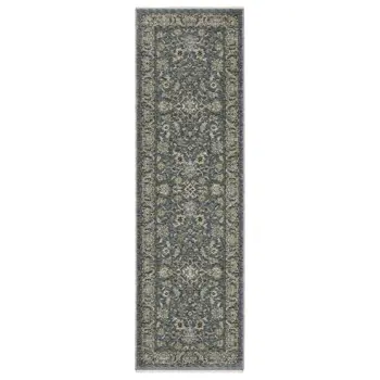 8' Blue And Beige Oriental Runner Rug With Fringe