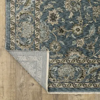 8' Blue And Beige Oriental Runner Rug With Fringe