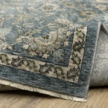 8' Blue And Beige Oriental Runner Rug With Fringe