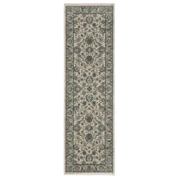 8' Beige And Blue Oriental Runner Rug With Fringe