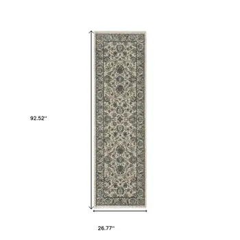 8' Beige And Blue Oriental Runner Rug With Fringe
