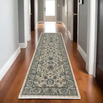 8' Beige And Blue Oriental Runner Rug With Fringe