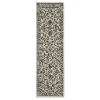 8' Beige And Blue Oriental Runner Rug With Fringe