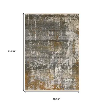 7' X 10' Gray And Gold Abstract Area Rug With Fringe