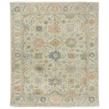 6' X 9' Beige And Green Wool Oriental Hand Knotted Area Rug With Fringe