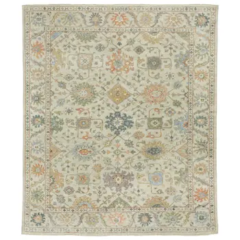 6' X 9' Beige And Green Wool Oriental Hand Knotted Area Rug With Fringe