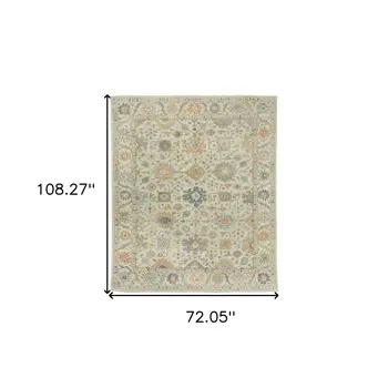 6' X 9' Beige And Green Wool Oriental Hand Knotted Area Rug With Fringe