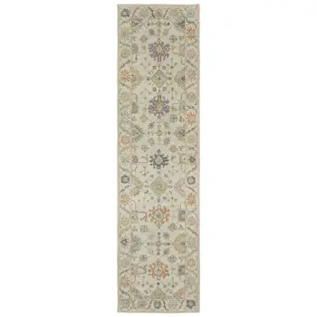 10' Beige And Green Wool Oriental Hand Knotted Runner Rug With Fringe