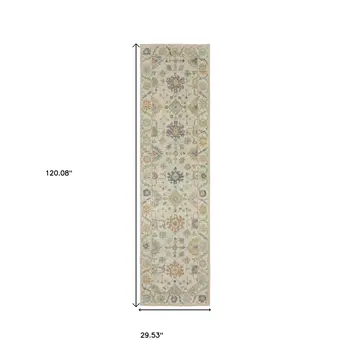 10' Beige And Green Wool Oriental Hand Knotted Runner Rug With Fringe