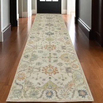 10' Beige And Green Wool Oriental Hand Knotted Runner Rug With Fringe